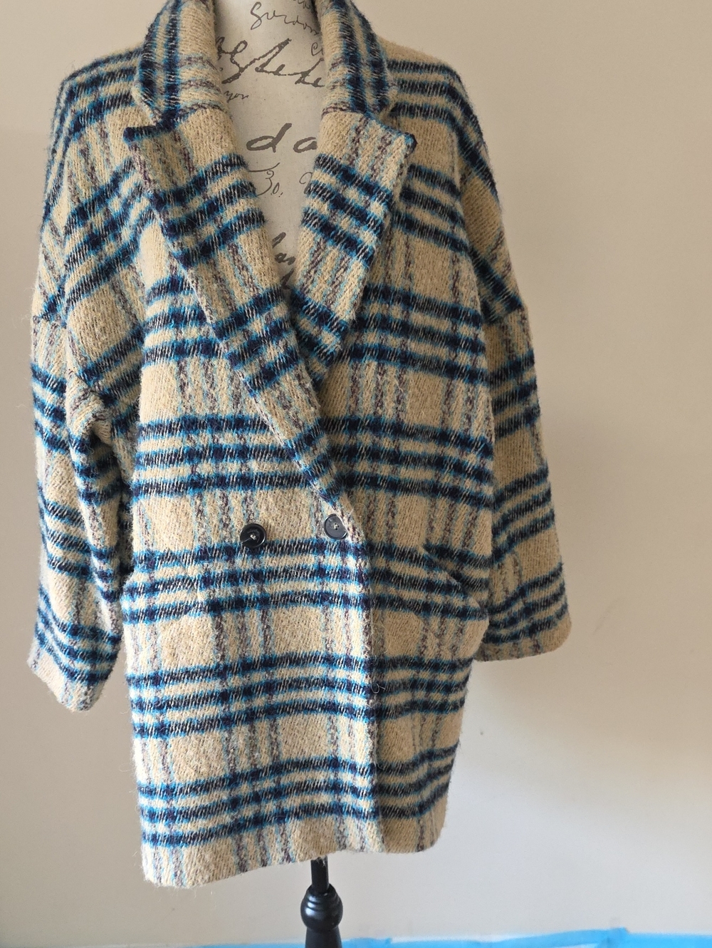 ba&sh Cream and Blue Plaid Double-Breasted Pea Oversize Coat